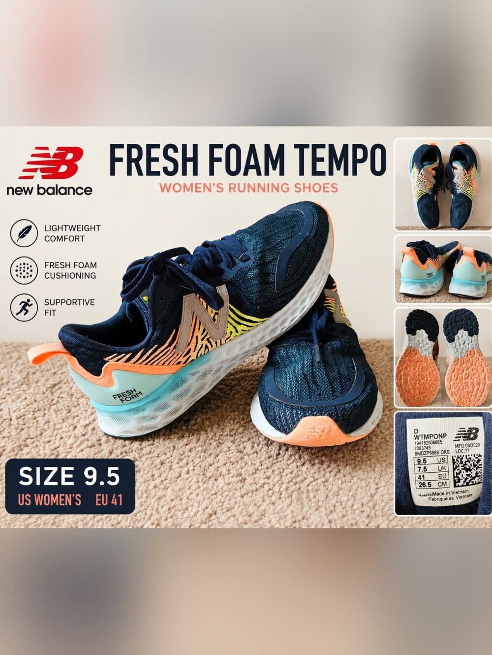 New Balance Fresh Foam Tempo Women's Running Shoes - Navy with Orange Accent